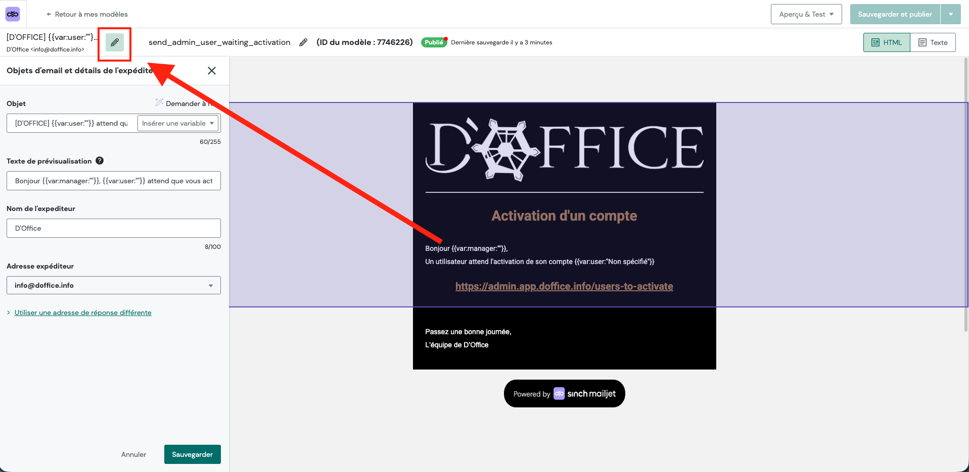 Lien dans l'interface pour voir où se trouve le crayon pour modifier le titre du modèle d'email