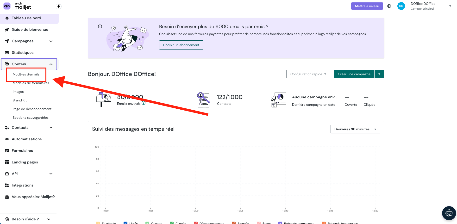 Lien dans l'interface pour voir où se trouve Email Modèles