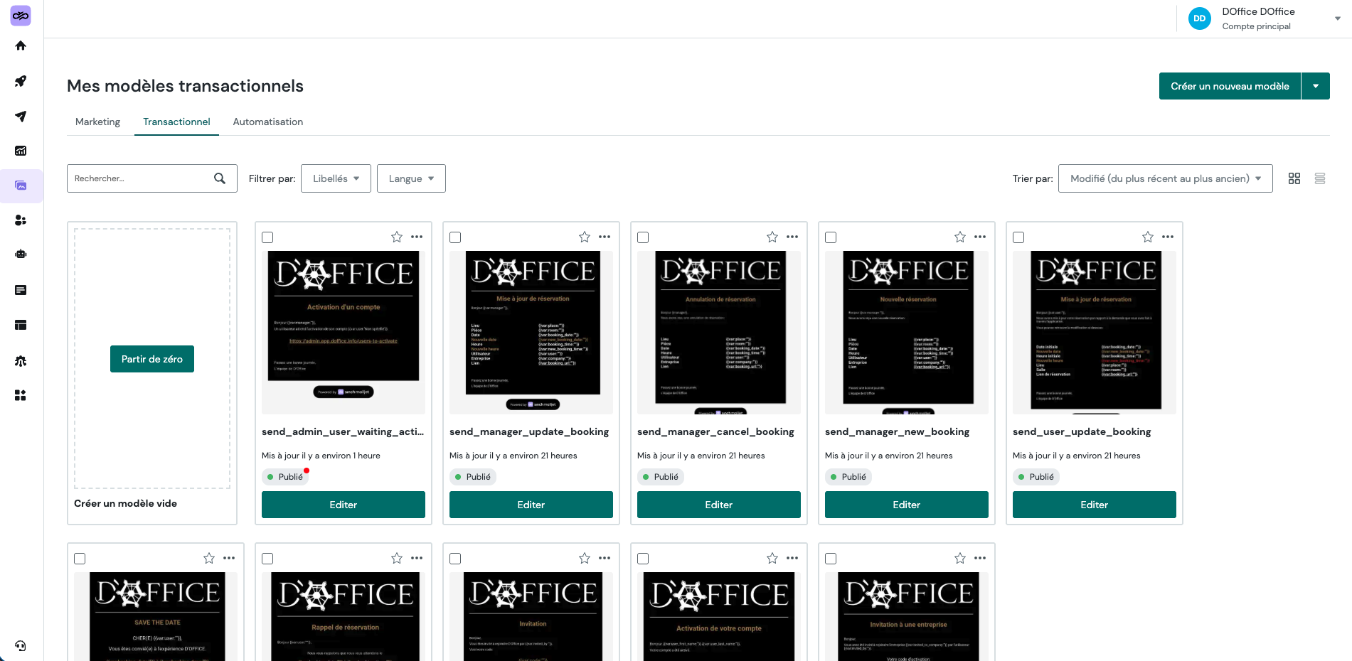 Lien dans l'interface pour voir les différents modèles d'emails disponibles